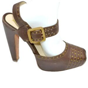 L.A.M.B Gold Studded Brown Leather Square Toe Structured Slingback 6" Heels 10